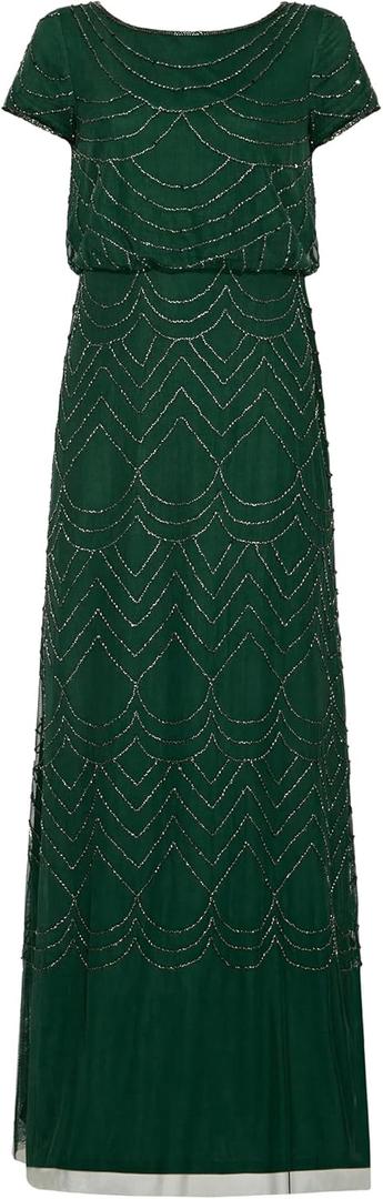 Adrianna Papell Womens Short Sleeve Blouson Beaded Gown (Green, S)
