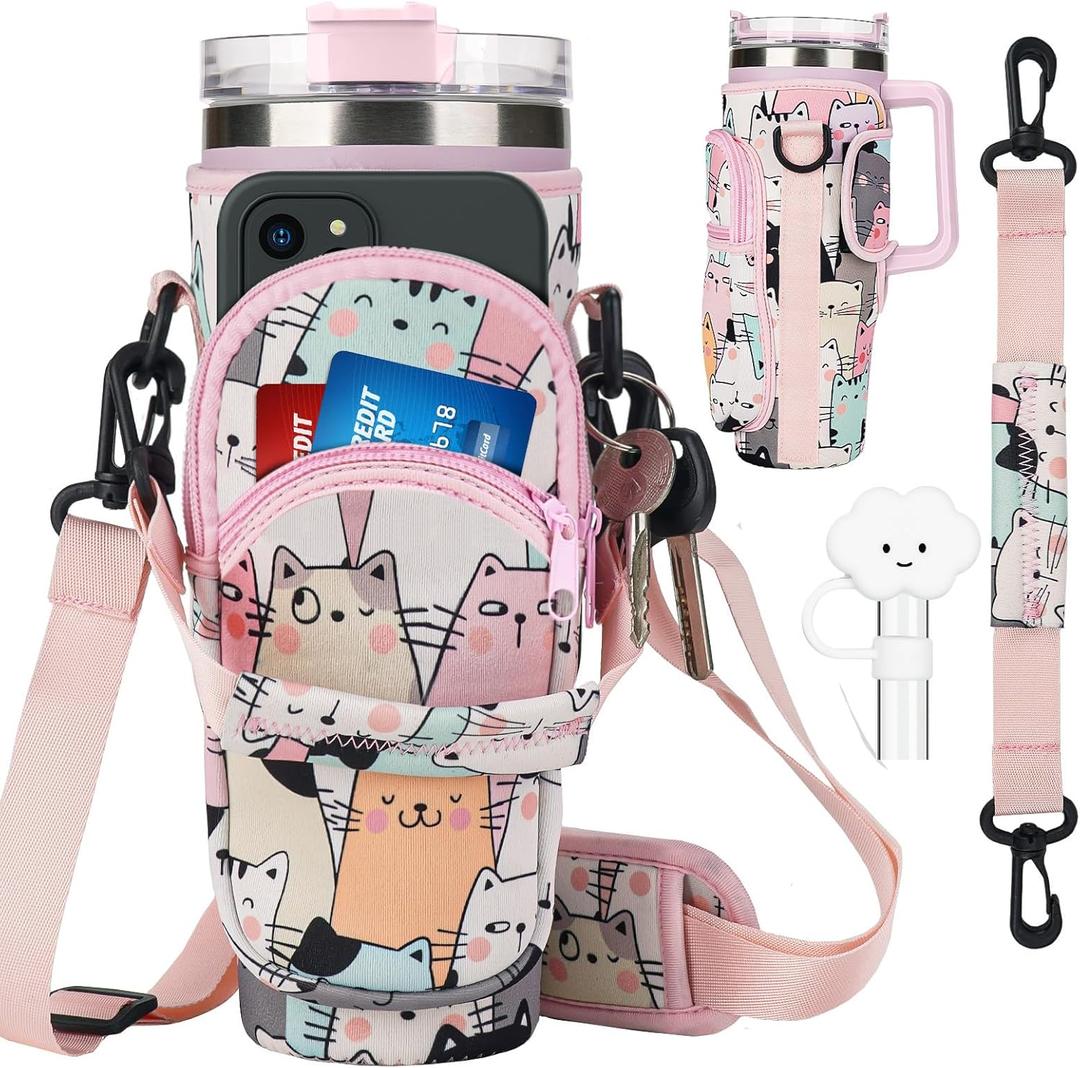 Water Bottle Holder Carrier Bag with Large Phone Pocket,Neoprene Water Bottle Carrier with Strap for Stanley 40 OZ Tumbler, Wrap Around Drink Purse Cup Holder with Straw Cover Accessories