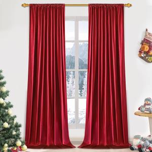 FRAMICS Red Shimmering Curtains for Living Room, Blackout Curtain 63 inch Long, Foil Print Drapes for Bedroom, Thermal Insulated Window Treatments Rod Pocket for Christmas Decor, 52x63 inch