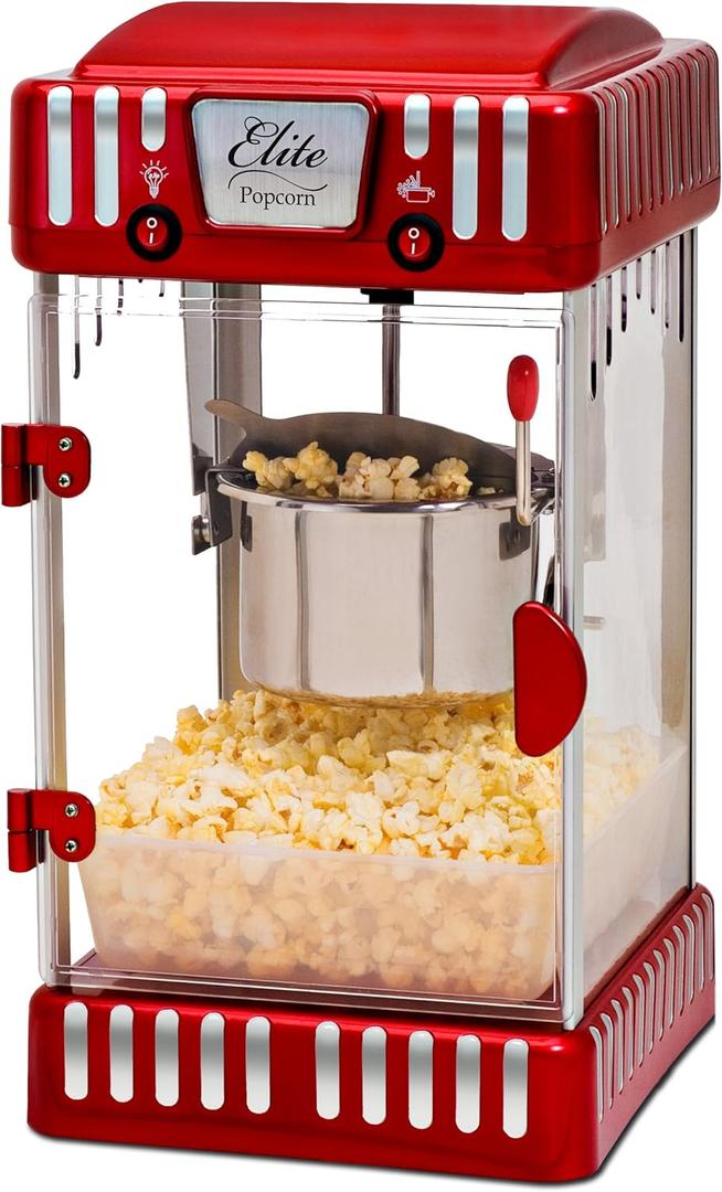 Elite Gourmet EPM-250 Maxi-Matic 2.5 Ounce Classic Carnival, Tabletop Kettle Popcorn Popper Machine, Retro-Style, Movie Hot Buttered Popcorn, Red (1-Gallon)