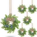 VioraWhite 6 Pcs Artificial Blue Berry Mini Wreaths Small Vintage Kitchen Cabinet Wreath with Retro Burlap Ribbon for Farmhouse Rustic Front Door Window Wedding Bridal Shower Party Chair Wall Decor