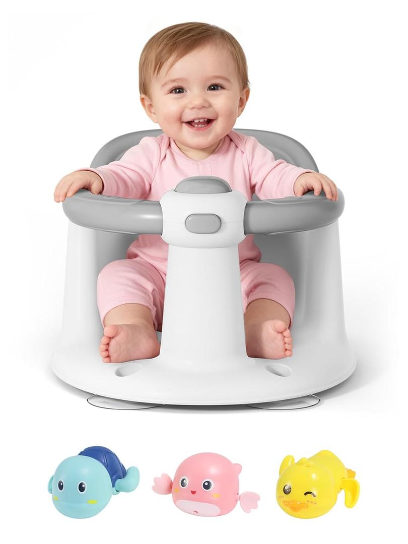Baby Bath Seat for Babies 6 Months & Up - Bathtub Seats for Babies with 3 Baby Bath Toys, Non-Slip, Comfortable, Infant Bath Essentials-Grey