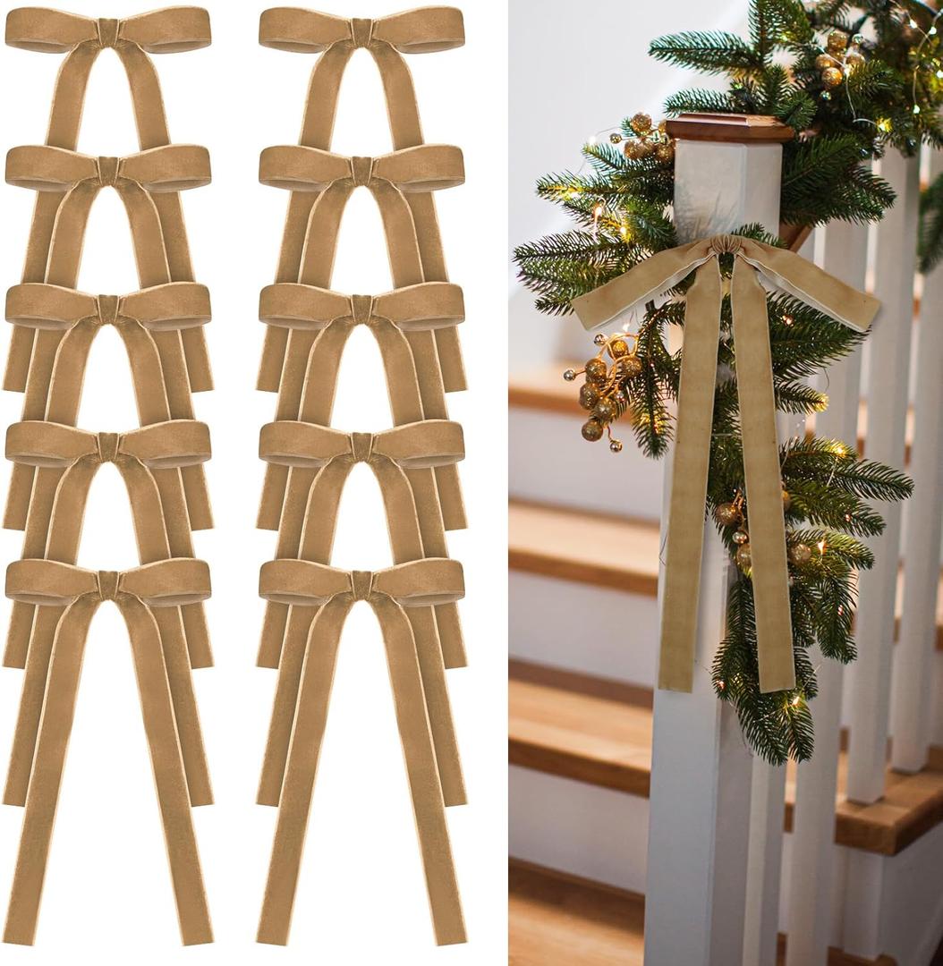 Light Khaki 24 Pcs Velvet Bows Christmas Tree Ornaments Valentines Day Bows Decoration for Garland Home Coquette Wedding Decor (9 x 13 Inch,Width of 1")