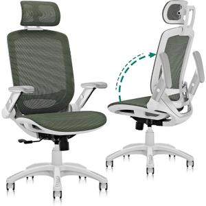 GABRYLLY Ergonomic Office Chair, High Back Home Desk Chair with Headrest, Flip-Up Arms, 90-120 Tilt Lock and Wide Cushion, 300LBS Mesh Chairs for Man Woman, White Task Chair(Olive Green,GY01WOG), Medium