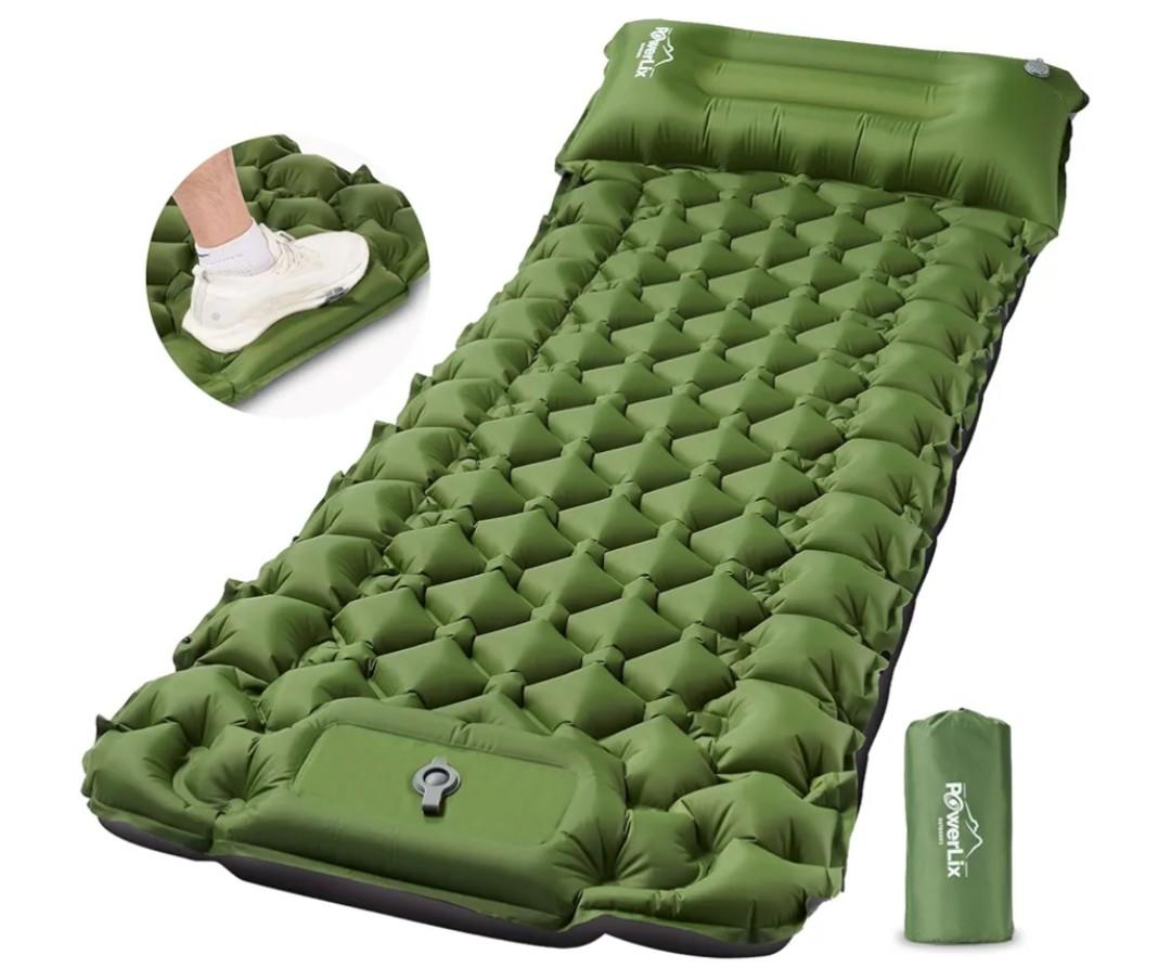 POWERLIX Camping Sleeping Pad with Built in Pillow, Ultralight Camping Mattress Airpad for Outdoor Backpacking Hiking Travelling, Compact Self Inflating Camping Mat, Foot Pump to Inflate