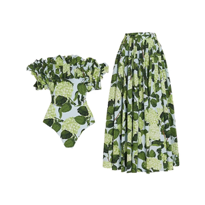 IDOPIP Women's One Piece Swimsuit with Beach Cover up Wrap Skirt Sarong Retro Floral Print Bikini Set Two Piece Bathing Suit Size L