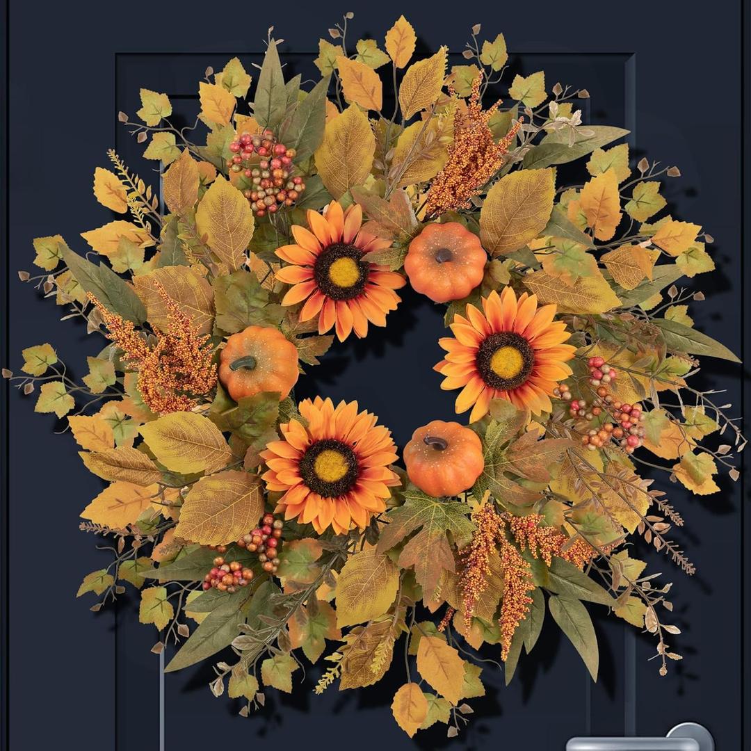 Fall Wreaths for Front Door 24 Inch Thanksgiving Autumn Wreath with Artificial Pumpkin Eucalyptus Sunflower Leaves Harvest Halloween Decorations Porch Farmhouse Outdoor Indoor Home Hanging Decor (Orange)