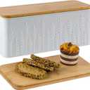 Large Bread Box for Kitchen Countertop Corner Breadbox for Homemade Bread Metal White Ear of Wheat Pattern Embossed Bread Storage Container Bin with Bamboo Lid