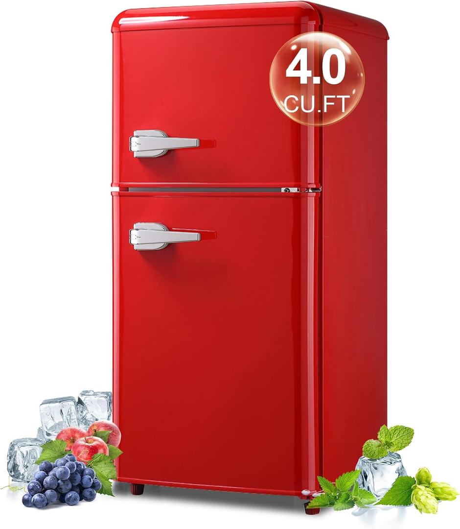 Retro Mini Fridge with Freezer 4.0 Cu. Ft, Small Refrigerator with 7 Level Adjustable Thermostat, Compact Classic Dual Door Fridge Removable Glass Shelves for Apartments, Dorm, Office, Red