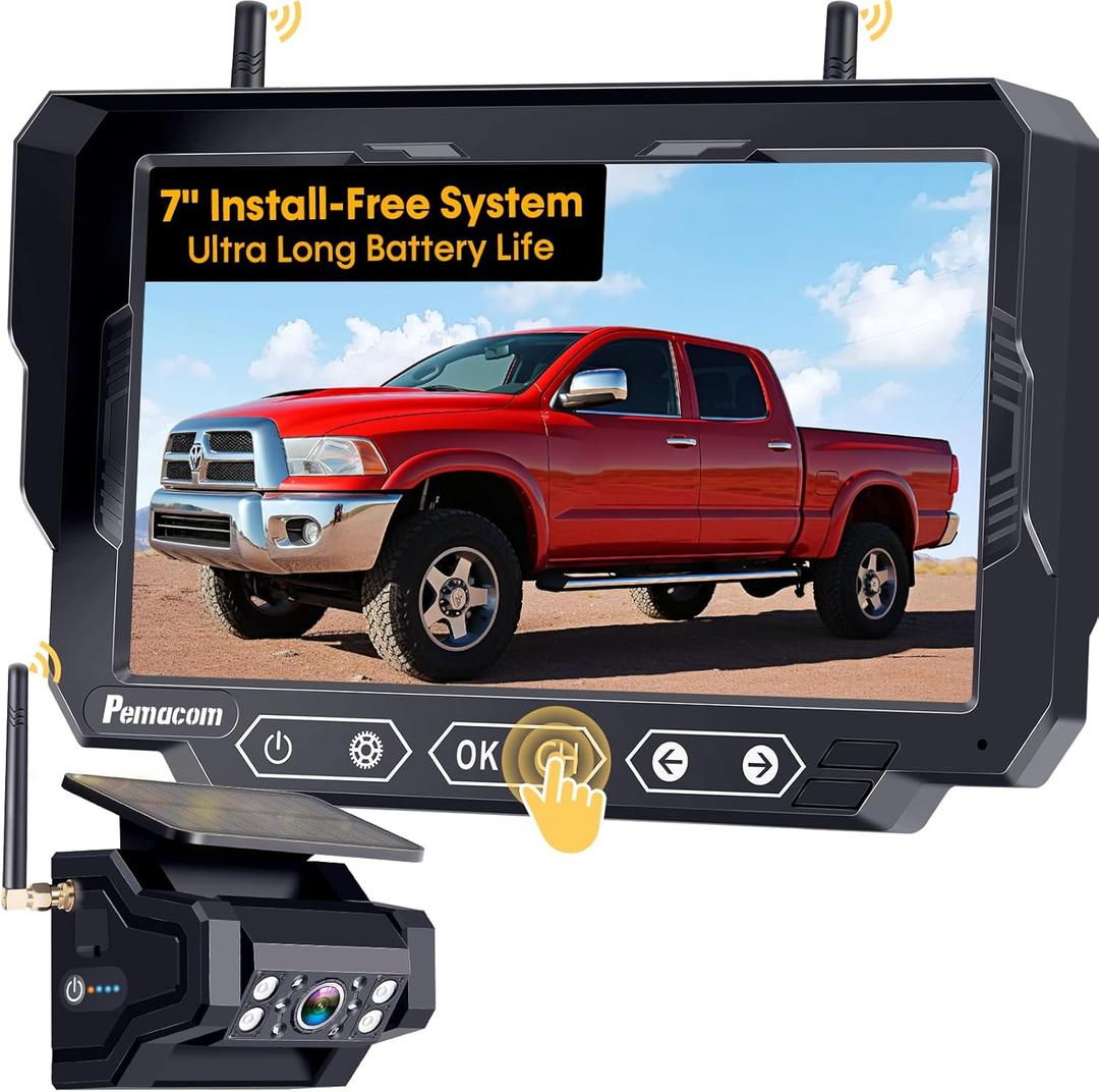 Magnetic Solar Wireless Backup Camera: 7" Portable 1 Min Easy Install Scratch-Proof No Delay Backup Camera for Truck Rechargeable HD 1080P for Pickup Trailer Small RV Camper Pemacom P15