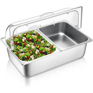 Ziliny Countertop Food Serving Display Container and Clear Roll Top Cover Stainless Steel Food Serving Tray Buffet Condiment Dispenser Display Rack for Restaurant Hotel Kitchen Party (2 Pan)