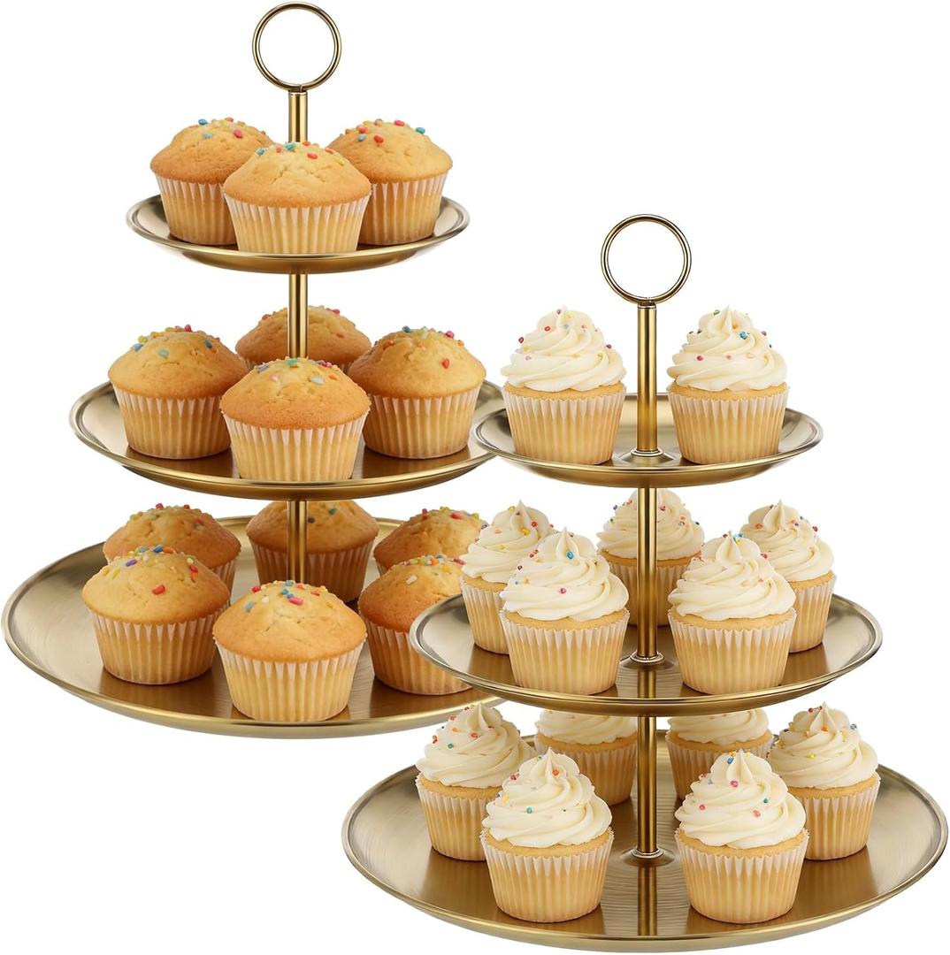 2 Pcs 3-Tier Cupcake Stand, Large Stainless Steel Tiered Serving Tray, 6.69/9.06/11.8 in Dessert Stand, Gold Cake Stand, Easy Assemble Fruit Plate for Party,Home Use