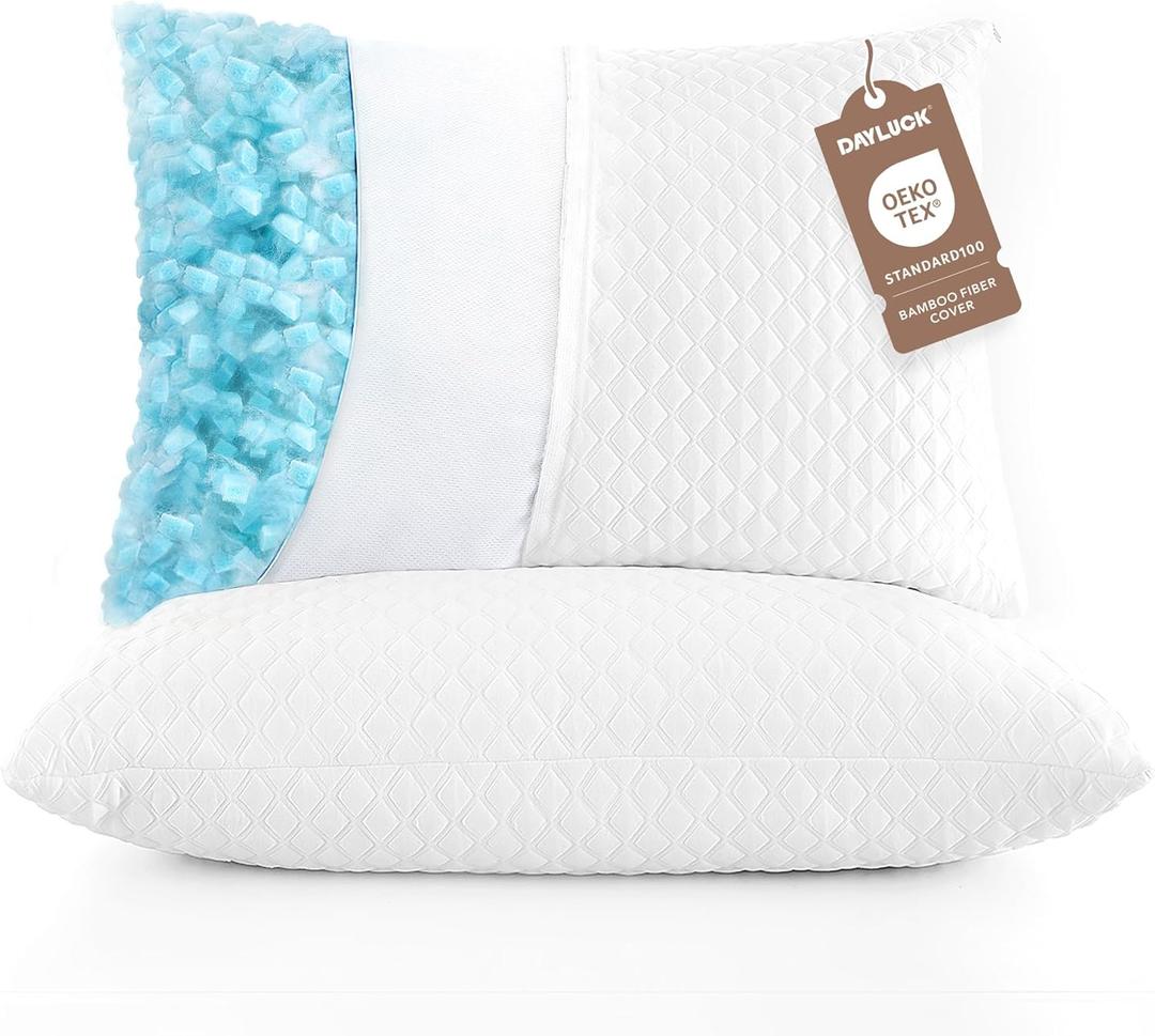 DAYLUCK Cooling Bed Pillows for Sleeping 2 Pack, Standard/Queen Size Set of 2, Firm and Soft Adjustable Shredded Memory Foam Pillows for Side Back Stomach Sleepers, Neck Pain Relief (White)