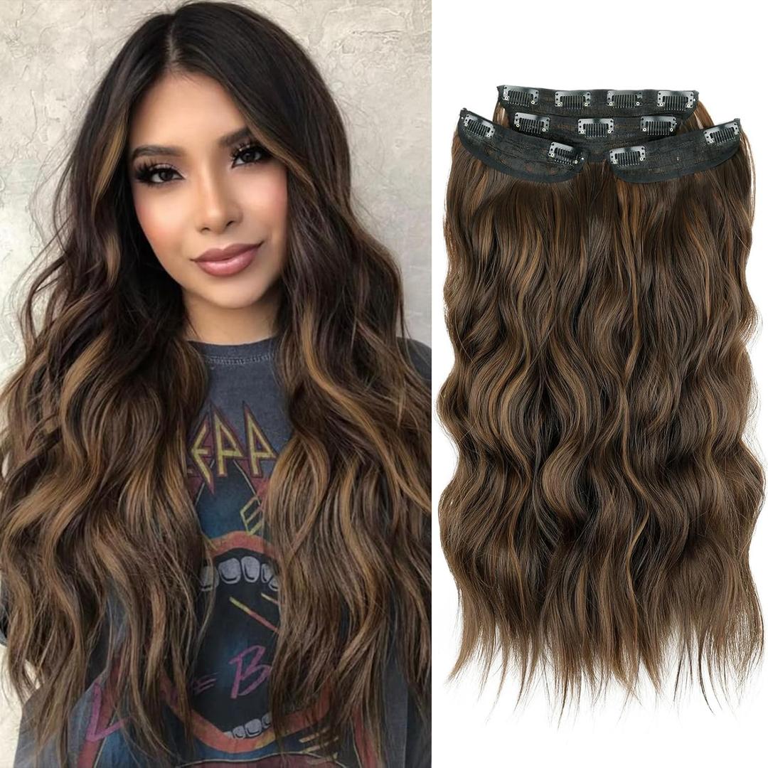 Brown with Highlight Hair Extensions for Women 4PCS Long Wavy Clip in Extensions 20 Inch Synthetic Hair Extensions Clip Ins Daily Party Use