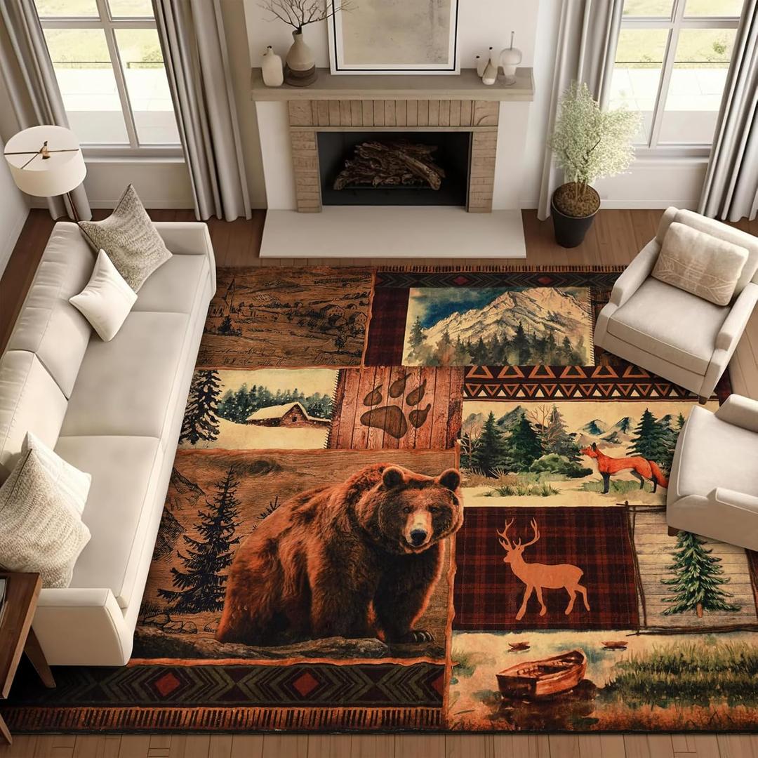 ASPMIZ Rustic Cabin Area Rug 8x10, Lodge Bear Moose Deer Rugs for Living Room, Low Pile Southwestern Washable Rug Non Slip, Soft Buffalo Throw Rugs for Bedroom, Vintage Country Wildlife Home Decor