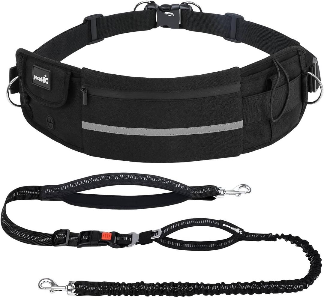 Pecute Dog Leash Hands Free with Pouch, Waist Belt Fanny Pack with Soft Pads, Dual Handles and Durable Bungee for Walking, Dog Seat Belt, Hiking, Running, Training, Black(Up to 180lbs)