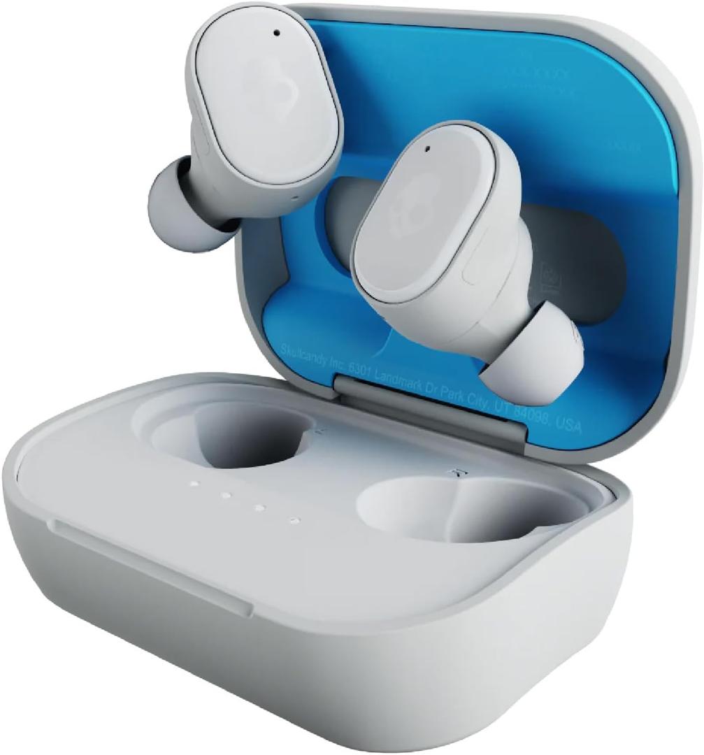 Skullcandy Grind Wireless Earbuds, Bluetooth Headphones, Up to 40 Hours Battery, Noise Isolating Fit, Microphone for iPhone Android, Customizable via Skull-iQ App - Light Grey/Blue