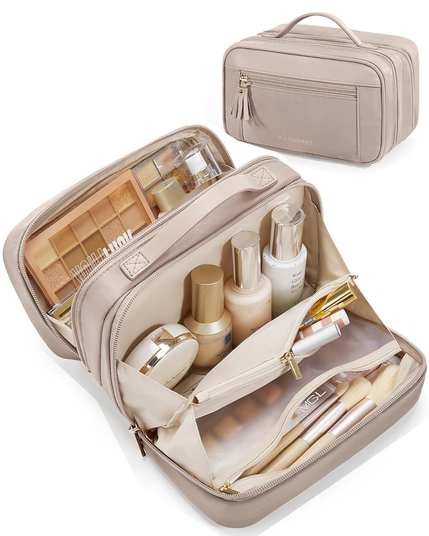 BAGSMART Travel Makeup Bag Cosmetic Bag for Women, Wide-open Portable Make Up Organizer for Women for Essentials Cosmetics Toiletries Accessories, Brushes, Medium Capacity (Champagne)