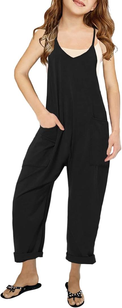 Cnkwei Girls' Casual Sleeveless Jumpsuits Spaghetti Strap Loose Romper Long Pants with Pockets (11-12 Years, Black)