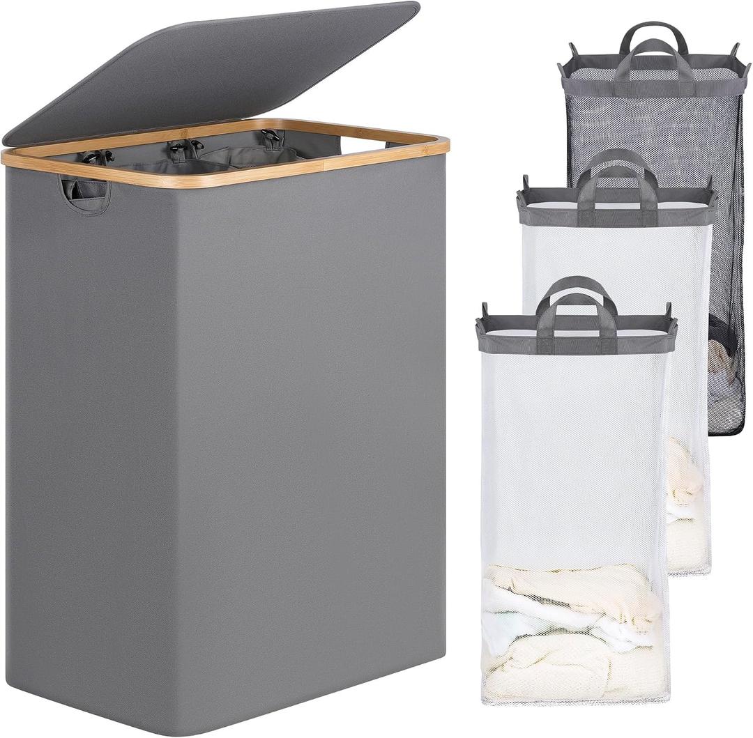 efluky Laundry Hamper with Lid, Trio Laundry Basket with 2 Removable Bags, 3 Section Laundry Bin with Bamboo Handles for Bathroom, Bedroom & Laundry Room, 160L (42.3 Gallon) Silver Grey