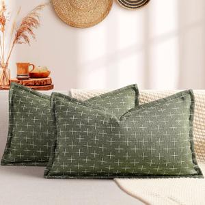 ZWJD 12x20 Pillow Covers Set of 2 Soft Polyester Textured Lumbar Pillow Covers with Stylish Flange Edge Cozy Farmhouse Throw Pillows for Couch Bed Sofa Living Room (Olive Green)
