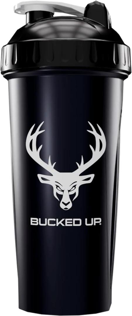 Bucked Up Perfect Shaker Bottle, 28oz, BPA-Free, Dishwasher Safe, Leak-Proof, Black Bottle with White Buck Logo
