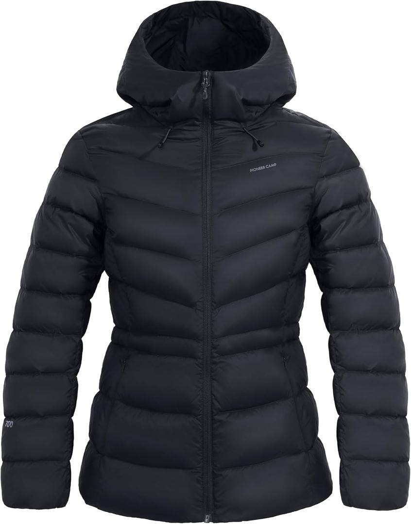 Pioneer Camp Women's Down Puffer Jacket Lightweight Hooded Winter Coat Water Repellent Quilted Fuffy Jacket Outdoor Casual (Large, Black)