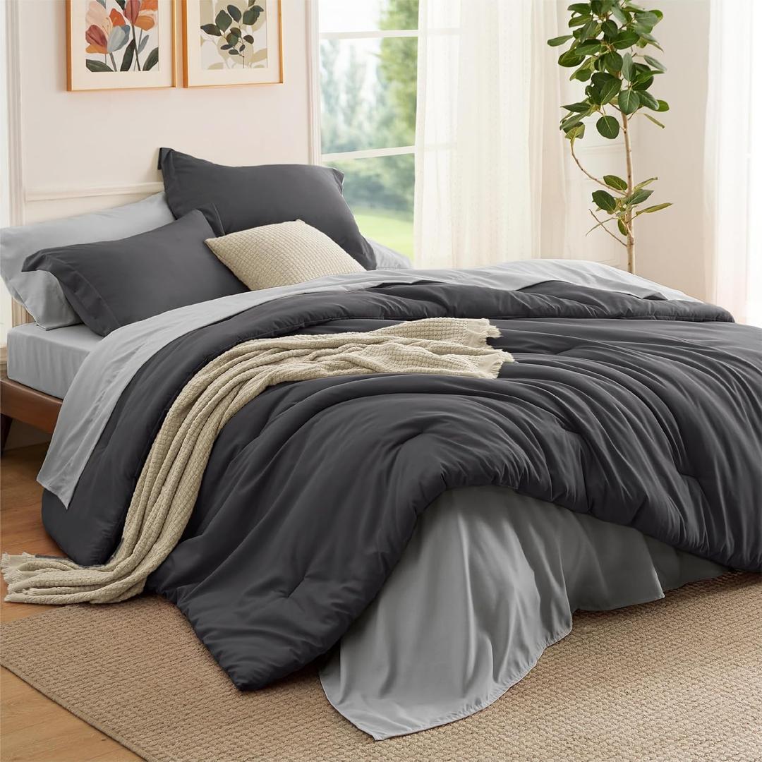 Bedsure King Size Comforter Set - 7 Pieces Dark Grey King Bedding Set for All Seasons, Boho Contrasting Design Bed in a Bag with Comforter, Sheets, Pillowcases & Shams
