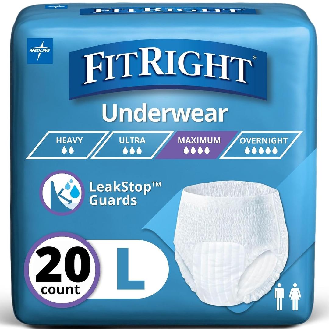 FitRight Super Protective Unisex Incontinence Underwear, Maximum Absorbency, Large (40-56 Inch Waist), Dependable Comfort & Leak Protection, 20 Count (White, L)