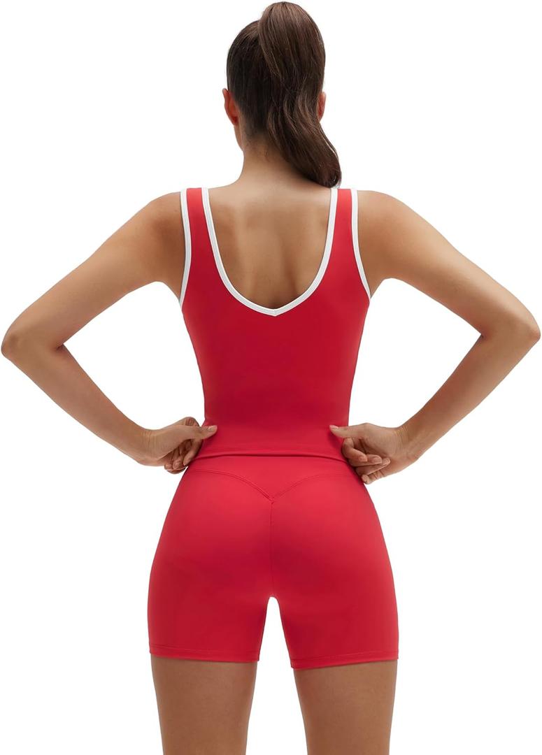 SUUKSESS Women 2 Piece Workout Sets Built in Bra Yoga Tank Top High Waisted Tummy Control Biker Shorts (Small, Red)