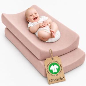 Plush Organic Changing Pad Covers Boy, Girl - GOTS 100% Certified Organic Cotton Changing Table Pad Cover, Baby Nursery Diaper Changing Pad Sheets,Table Contour Pads Liners (Dusty Rose + Dusty Rose)