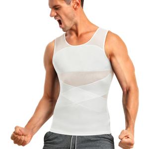 TAILONG Men's Compression Shirt for Body Shaper Slimming Vest Tight Tummy Underwear Tank Top (Large, White)