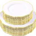 WDF 100pcs Gold Plastic Plates - High-end Baroque Design - Heavy Duty White &Gold Wedding Plates Set Ideal for Weddings/Party/Bridal Shower/Valentine's Day