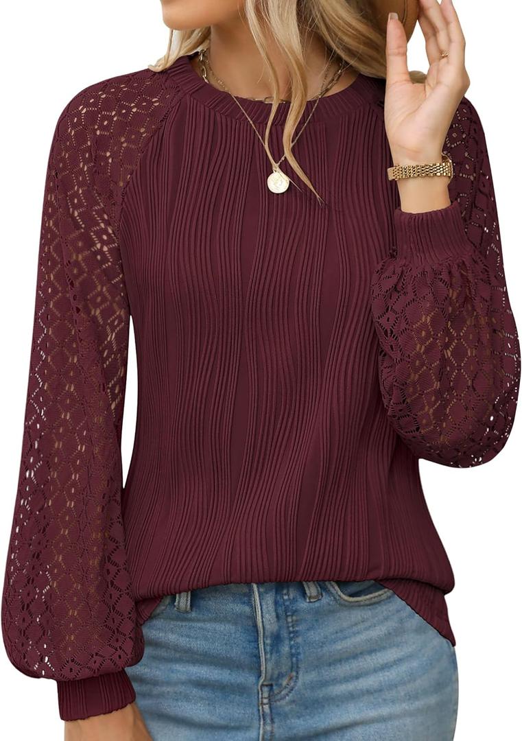 YZEGGO Womens Long Sleeve Textured Shirts Lace Tops Dressy Business Casual Blouses Trendy Outfits 2025, XL