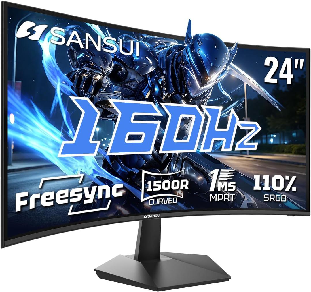 SANSUI 24 Inch Curved 160Hz Gaming Monitor,1500R Curved Gaming Monitor FHD 1080P Computer Monitor,MPRT 1ms Fast VA Display,Freesync,HDR,3000:1, HDMI2.0,DP1.4, VESA Support(ES-G24C1L HDMI Cable Incl.) (Black)