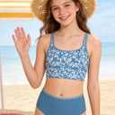 Girls Swimsuit Two Piece Double Straps Sporty Bathing Suit High Waisted Bikini Tropical Floral Swimwear 9-16Y (Blue)