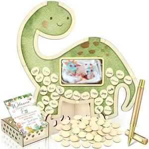 Wenqik 63 Pcs Baby Shower Guest Book Alternatives Set Baby Shower Decorations with Photo Frame Sonogram Frame Keepsake 60 Wood Slices Guest Book for Birthday(Dinosaur)