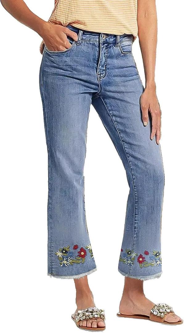 Flamingals Straight Leg Jeans for Women Low Rise Cropped Jeans Wash Embroidery Raw Hem Denim Pants (XX-Large, Mid Light Blue)