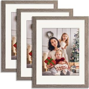 11x14 Picture Frame Set of 3 Gray, Made of Solid Wood 8x10 with Mat or 11x14 Without Mat, Wall Mounting Photo Frames With Plexiglass for Wall or Tabletop Display