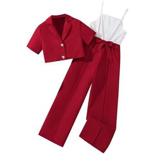Hilinker Girl's 2 Piece Outfits Short Sleeve Blazer and Belted Sleeveless Jumpsuit Sets, Size 13-14Y, Red/White 