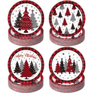Funnymoom 60 Pcs Red Christmas Paper Plates 9 Inch Xmas Buffalo Plaid Tree Snowflake Disposable Plates Merry Christmas Tree Themed Tableware for Holiday Xmas Winter Party Decorations Supplies