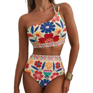 Herseas Women's High Waisted Bikini Sets One Shoulder Floral Print Swimsuits 2 Piece Tummy Control Bathing Suits (Medium)