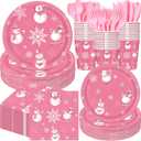 Pickmesh 400 Pcs Winter Snowflake Plates and Napkins Set Snowman Snowflake Dinnerware Disposable Tableware Set with Cups Knives Forks Spoons for Winter Party Supplies Table Decor, Serves 50(Pink)