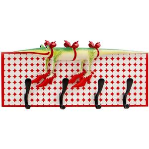 Decorative Wall Hook Rack with 4 Metal Hooks, 18" x 8" Red and White Vintage Plaid Panel, Whimsical Crocodile Wall Decor Organizer for Entryway, Kitchen, Living Room