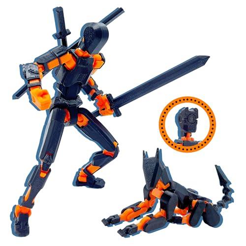 Uodofy (Assembly Completed) T13 3D Action Figure Set,Dummy Robo Titan 13 Action Figures,3D Printed Multi-Jointed Toy (Black + Orange)