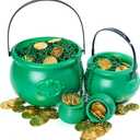 JOYIN 4PCS St.Patrick's Day Green Cauldrons with Handle Party Supplies Set with 1 Pcs Large, 1 Medium and 2 Small Plastic Lucky Leprechaun Pots for Saint Patricks Pot of Gold Party Decorations