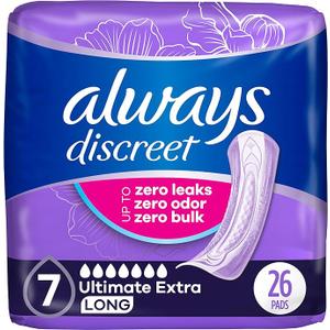Always Discreet Adult Incontinence Pads for Women, Ultimate Extra Absorbency, Long Length, Postpartum Pads, Up to 100% Bladder Leak Protection, 26 Count
