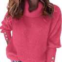 Libsorge Womens Oversized Turtleneck Sweaters Spring 2026 Lightweight Thin Ribbed Knit Button Cropped Pullover Top (Pink, L)