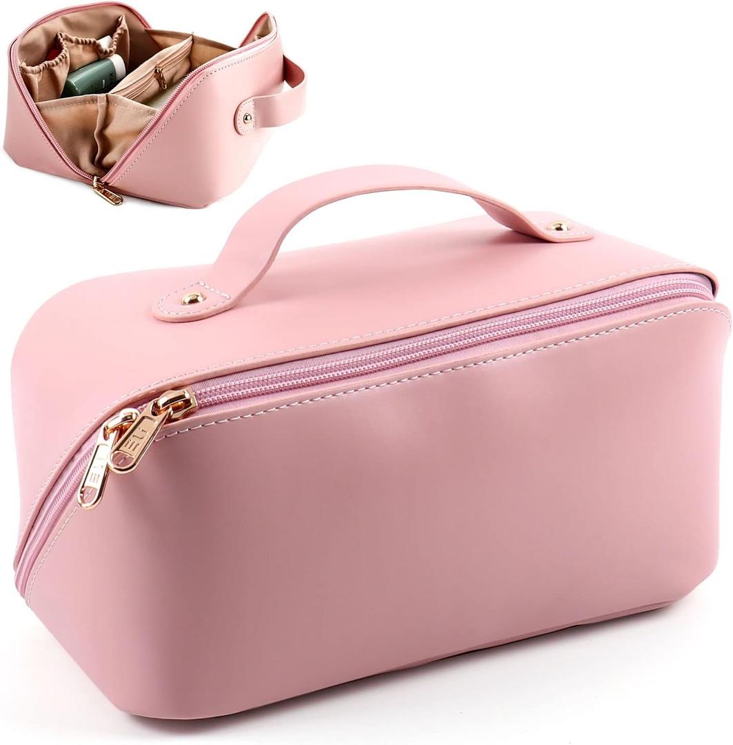 Lunarsoft Leather Makeup Bag, Pink Large Cosmetic Case with Dividers & Handle, Water-Resistant Lining, Multi-Pockets, Portable Toiletry Bag Organizer, Packing Underwear Organizer Bag