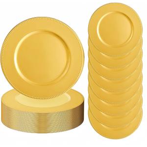 100PCS Gold Charger Plates, 13" Round Vintage Table Decoration, Reusable Round Gold Placemats for Kitchen Banquet Table Setting Wedding Birthday Dinner Party Decor, Bead Rim